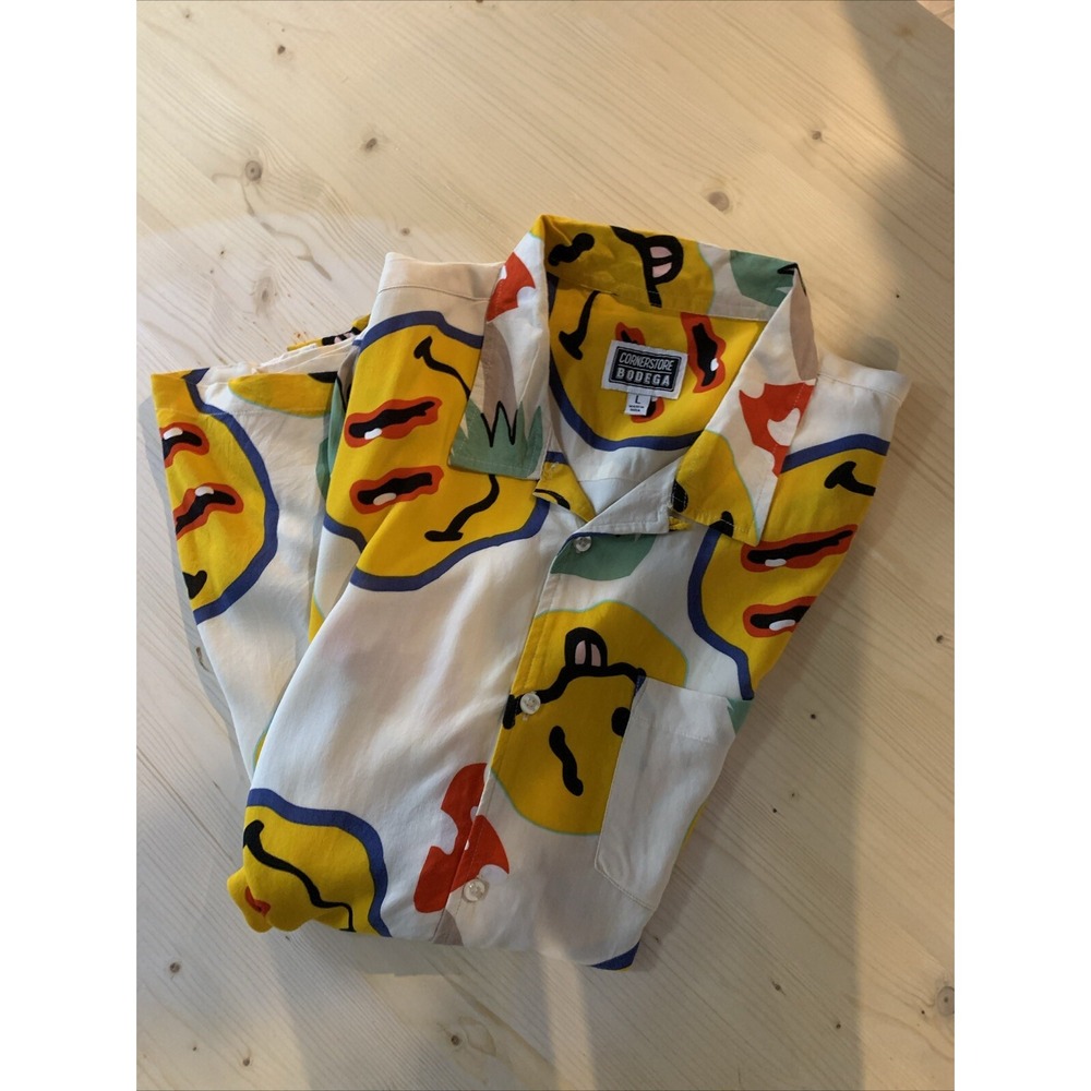 Cornerstore Bodega Button Down Pocket‎ Graphic Collar Happy Viscose SS Mens L